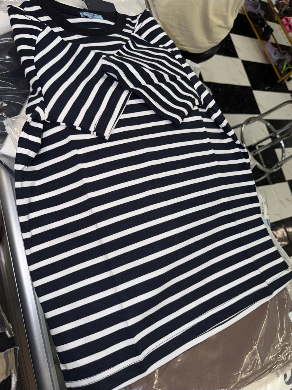 Prada Navy and White Horizontal Stripe Short-Sleeve Tee